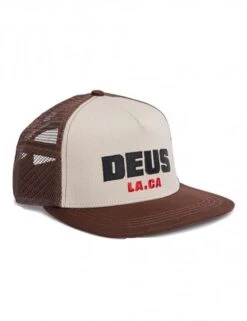 Deus Ex Machina Brown with Off-White Mesh – Akin Customs Patch Flat Bill Trucker Hat