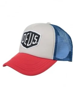 Deus Ex Machina Baylands Trucker Hat - Blue and Red with White Mesh - Curved Bill Snapback