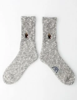 Rostersox Grey with Navy Accents - Embroidered Bear Ribbed Crew Socks
