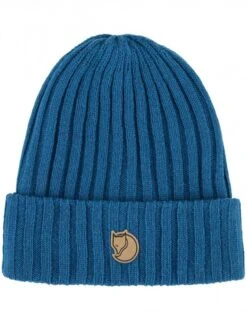 Fjallraven Byron Beanie - Alpine Blue Double-Knit Wool Cuffed Hat with Leather Fox Logo