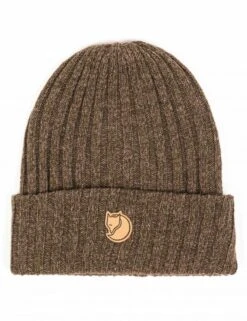 Fjallraven Byron Dark Olive/Taupe – Leather Arctic Fox Logo Double-Knitted Wool Beanie