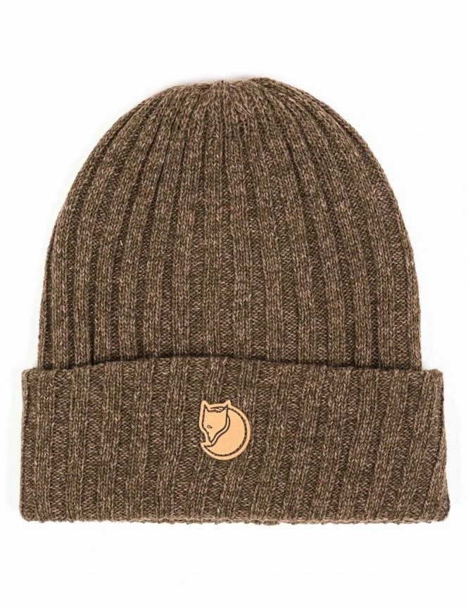 Fjallraven Byron Dark Olive/Taupe – Leather Arctic Fox Logo Double-Knitted Wool Beanie 3 Fjallraven Byron Dark Olive/Taupe – Leather Arctic Fox Logo Double-Knitted Wool Beanie