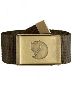 Fjallraven Dark Olive Canvas Brass Belt – Classic Arctic Fox Logo 4cm Webbing