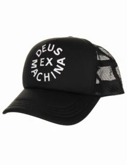 Deus Ex Machina Black and White Circle Logo Trucker Hat – Classic Mesh Back Snapback