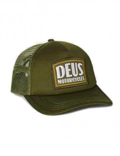 Deus Ex Machina Crimson Trucker Hat Olive and Cream – Heritage Patch Curved Bill Snapback