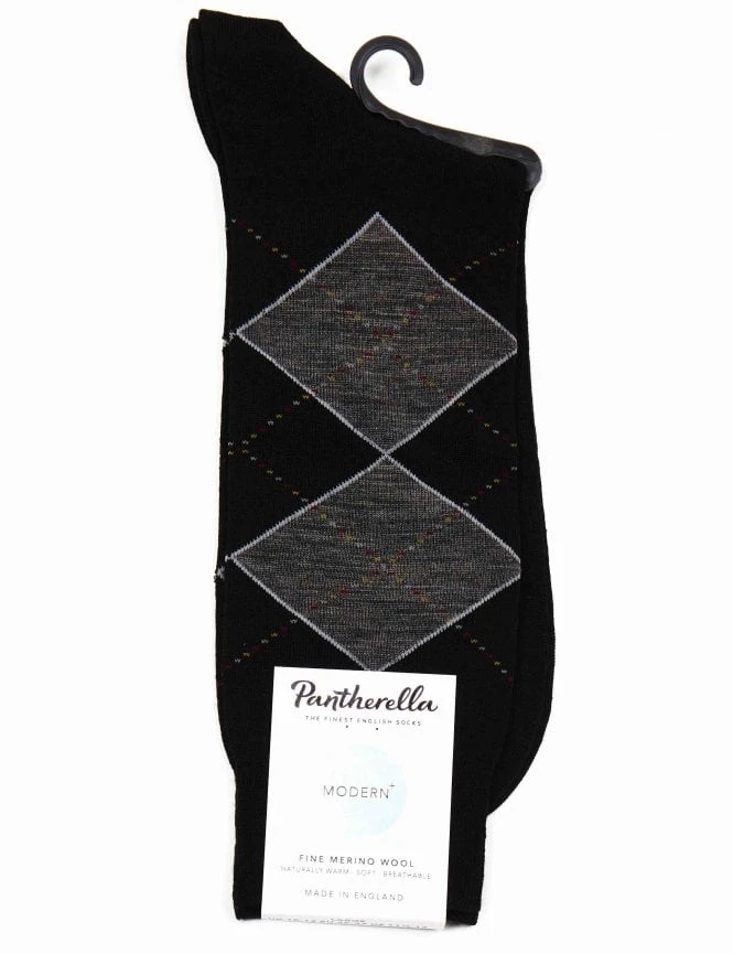 Pantherella Dennett Argyle Diamond Merino Wool Socks – Black with Vivid Multi-Tone Pattern 3 Pantherella Dennett Argyle Diamond Merino Wool Socks – Black with Vivid Multi-Tone Pattern