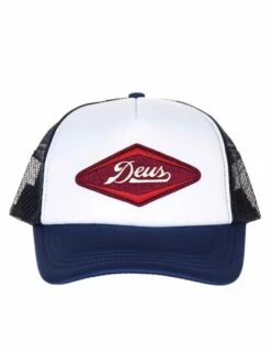 Deus Ex Machina Navy Blue - Diamond Shield Logo Curved Bill Mesh Trucker Hat -Fatbuddha Store diamond trucker hat navy p21545 79401 medium