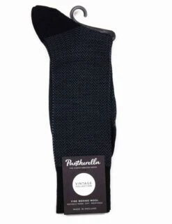 Pantherella Finsbury Herringbone Socks - Navy Blue Merino Wool Vintage Style