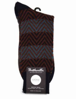 Pantherella Hartwell Navy Blue Merino Wool - 1x1 Rib Herringbone Dress Socks