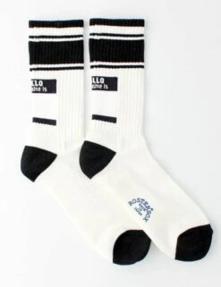 Rostersox Black Hello Tag Graphic – Ribbed Cotton Crew Socks