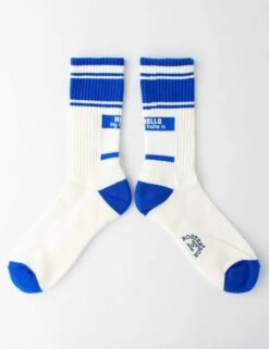 Rostersox Blue Hello Tag Ribbed Crew Socks – Sustainable Cotton Blend