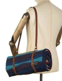 Pendleton Jacquard Unnap Robe in Aegean with Leather Carrier - Versatile Travel Robe & Blanket