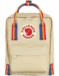Fjallraven Kanken Mini Rainbow Backpack - Light Oak with Multi-Color Rainbow Straps
