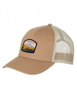 Cotopaxi Desert Tan Llama Trucker Hat – Woven Mascot Patch Curved Bill Mesh Back Cap