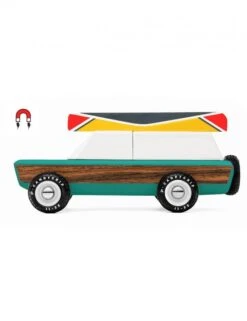 Candylab Pioneer Aspen White – Retro Wood-Paneled Toy SUV with Magnetic Canoe