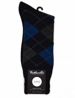 Pantherella Racton Argyle Merino Wool Socks – Navy & Grey Classic Pattern