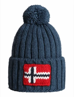 Napapijri Semiury Pom Beanie Hat - Dark Blue Navy Ribbed Knit Bobble Hat
