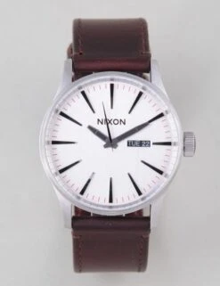 Nixon Sentry Leather Watch in Silver and Brown – Classic Men's Analog Dress Watch -Fatbuddha Store sentry leather watch silver brown p14905 59272 medium