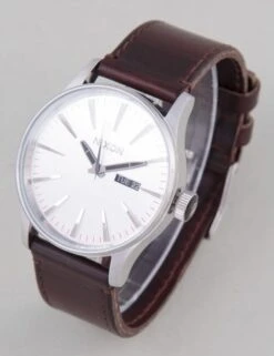 Nixon Sentry Leather Watch in Silver and Brown – Classic Men's Analog Dress Watch -Fatbuddha Store sentry leather watch silver brown p14905 59273 medium
