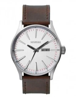 NIXON Sentry Leather Watch - Silver/Brown