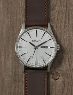 Nixon Sentry Leather Watch in Silver and Brown – Classic Men's Analog Dress Watch -Fatbuddha Store sentry leather watch silver brown p14905 86128 medium