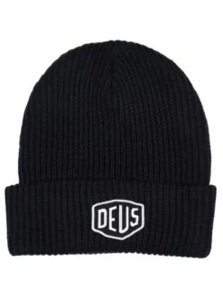 Deus Ex Machina Navy Shield Logo Knit Beanie – Cuffed Winter Hat