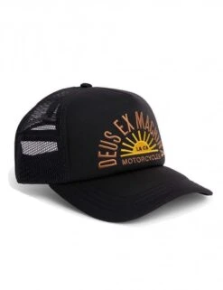 Deus Ex Machina Black with White Contrast Mesh – Sunflare Shield Logo Curved Bill Trucker Hat