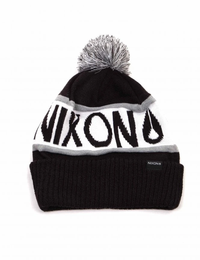 Nixon Teamster Pom Beanie Hat - Black & White Jacquard Wordmark Knit 3 Nixon Teamster Pom Beanie Hat - Black & White Jacquard Wordmark Knit