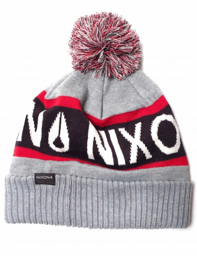 Nixon Teamster Pom Beanie Hat - Heather Grey with Red and Navy Stripes 4 Nixon Teamster Pom Beanie Hat - Heather Grey with Red and Navy Stripes - Image 2