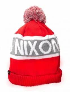 NIXON Teamster Pom Beanie - Red Crown & Grey Cuff Jacquard Knit Hat