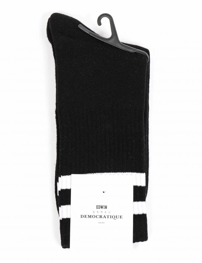 Edwin x Democratique Tube Socks - Black with White Triple Stripes 3 Edwin x Democratique Tube Socks - Black with White Triple Stripes