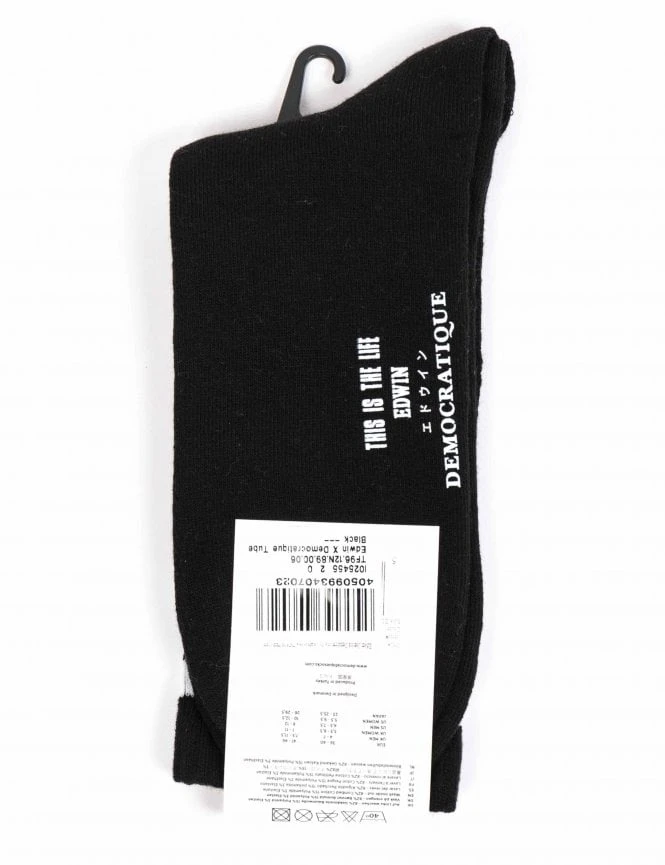 Edwin x Democratique Tube Socks - Black with White Triple Stripes 4 Edwin x Democratique Tube Socks - Black with White Triple Stripes - Image 2